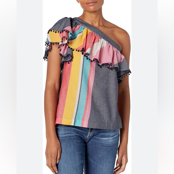Trina Turk Los Angeles One-Shoulder Striped Cotton/ linen Blend Top size Medium - Picture 14 of 14